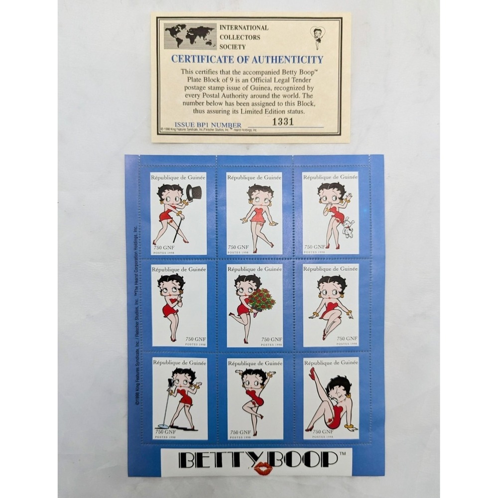 1998 Betty Boop Plate Block of 9 Stamp Collection